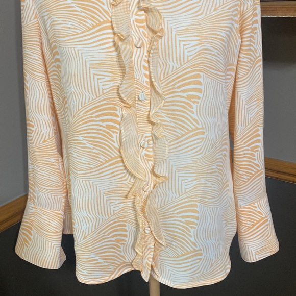 Chico’s orange & white zebra print ruffle button down long sleeve top size XS - Picture 5 of 9